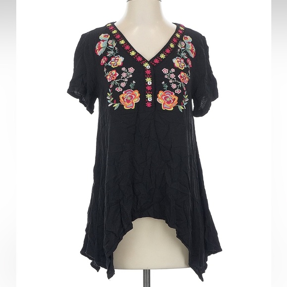 Oddy Black Boho Colorful Floral Embroidery Short Sleeve Tunic Blouse• Small - Picture 1 of 7